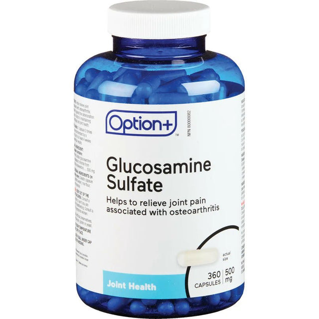 Bottle of Option+ Glucosamine Sulfate capsules on a white background - okotoks hc pharmacy