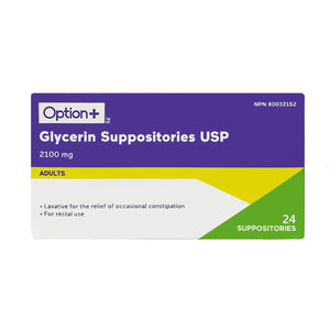 Box of Option+ Glycerin Suppositories USP on a white background - okotoks hc pharmacy