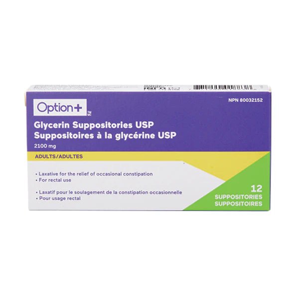 Box of Glycerin Suppositories USP by Option+ on a white background - okotoks hc pharmacy