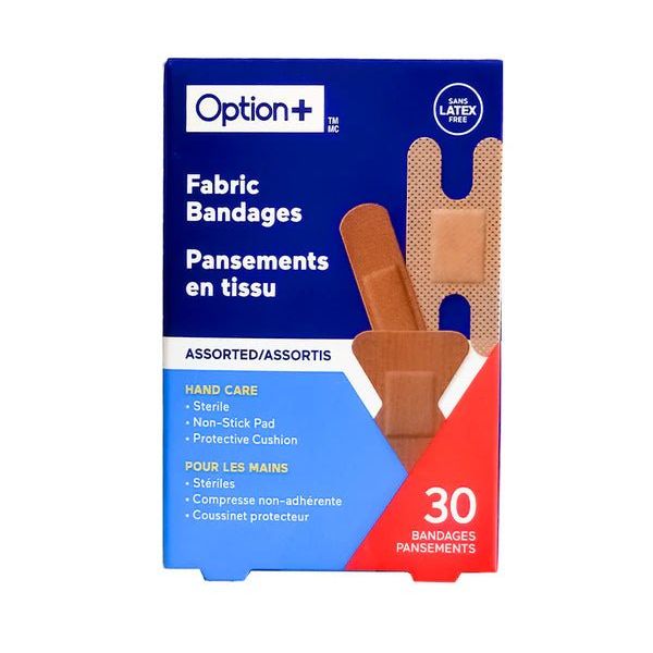 Box of Option+ fabric bandages with blue and red design on a white background - okotoks hc pharmacy