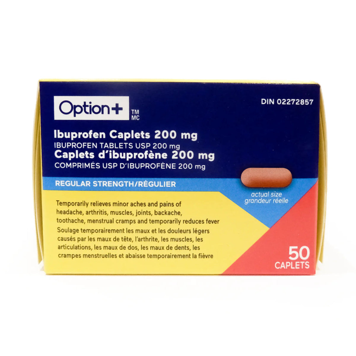 Box of Option+ Ibuprofen Caplets 200 mg on a white background - Okotoks HC Pharmacy