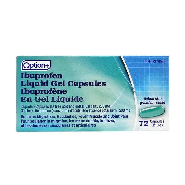 Box of Option Ibuprofen Liquid Gel Capsules on a white background - Okotoks HC Pharmacy