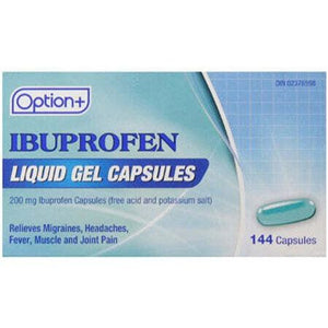Box of Option+ Ibuprofen Liquid Gel Capsules with a blue and white design. - Okotoks HC Pharmacy