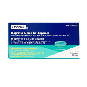 Box of Option+ Ibuprofen Liquid Gel Capsules on a white background - Okotoks HC Pharmacy