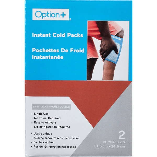 Box of Option+ instant cold packs with a person using a cold pack on their knee. - okotoks hc pharmacy