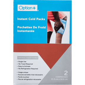 Box of Option+ instant cold packs with a person using a cold pack on their knee. - okotoks hc pharmacy