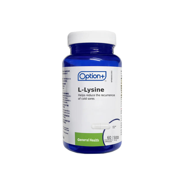 Bottle of Option+ L-Lysine supplement on a white background - okotoks hc pharmacy