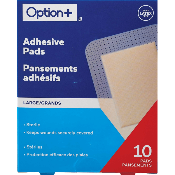 Box of Option+ adhesive pads with a blue and red design - okotoks hc pharmacy