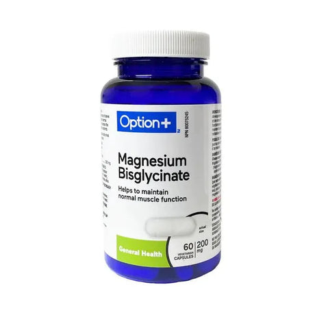 Vitamin supplement bottle labeled 'Magnesium Bisglycinate' by Option+ on a white background - okotoks hc pharmacy