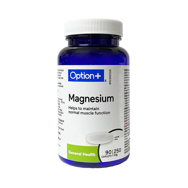 Bottle of Option+ Magnesium supplements on a white background - okotoks hc pharmacy