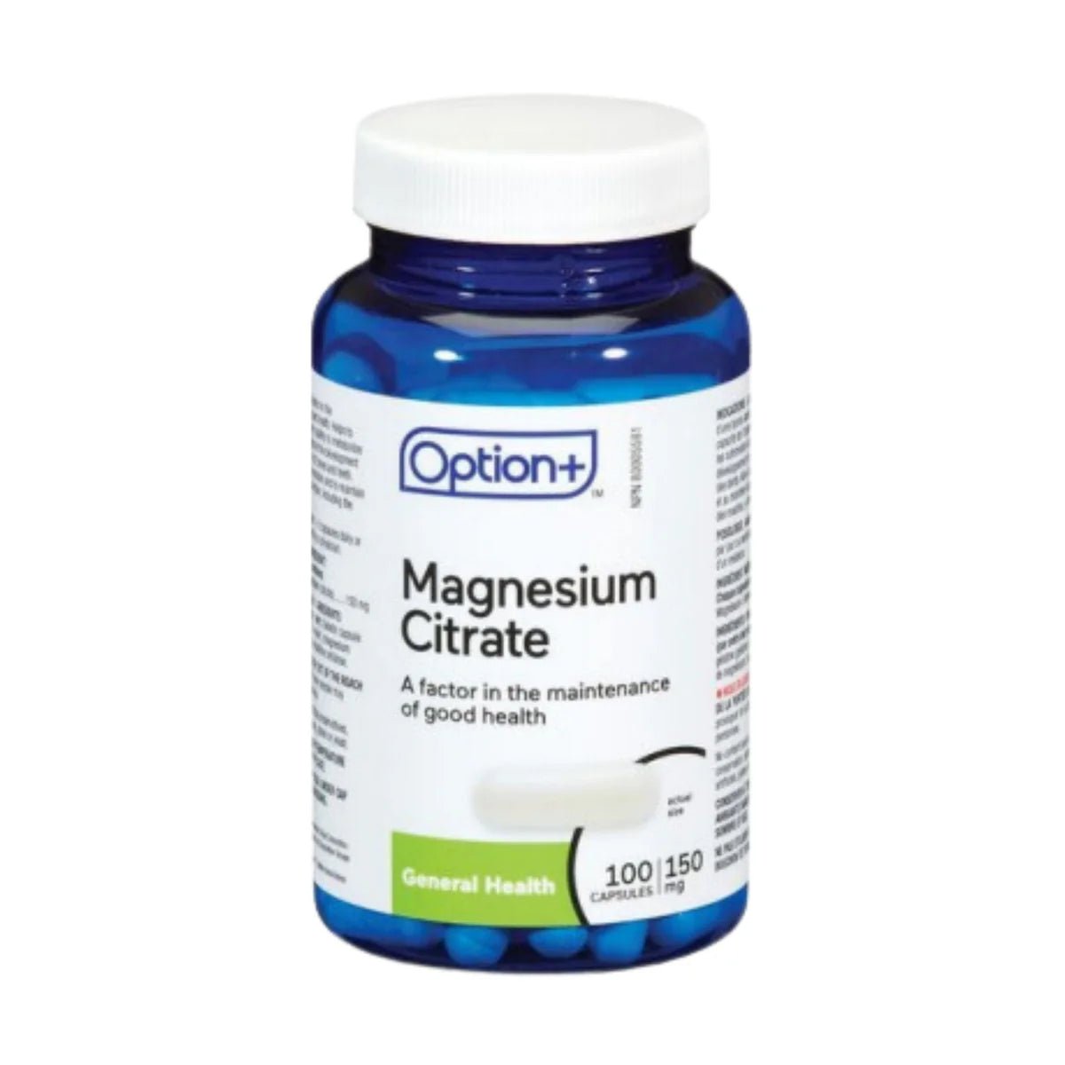 Bottle of Option+ Magnesium Citrate capsules on a white background - okotoks hc pharmacy