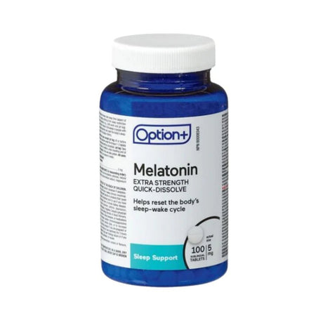 Bottle of Option+ Melatonin tablets on a white background - okotoks hc pharmacy