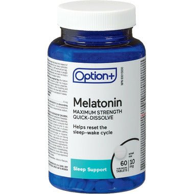 Bottle of Option+ Melatonin tablets on a white background - okotoks hc pharamcy