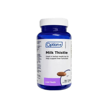 Bottle of Option+ Milk Thistle supplement on a white background - okotoks hc pharmacy