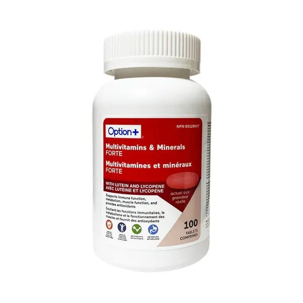 Bottle of Option+ Multivitamins & Minerals Forte on a white background - okotoks hc pharmacy