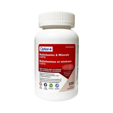 Bottle of Option+ Multivitamins & Minerals Forte on a white background - okotoks hc pharmacy