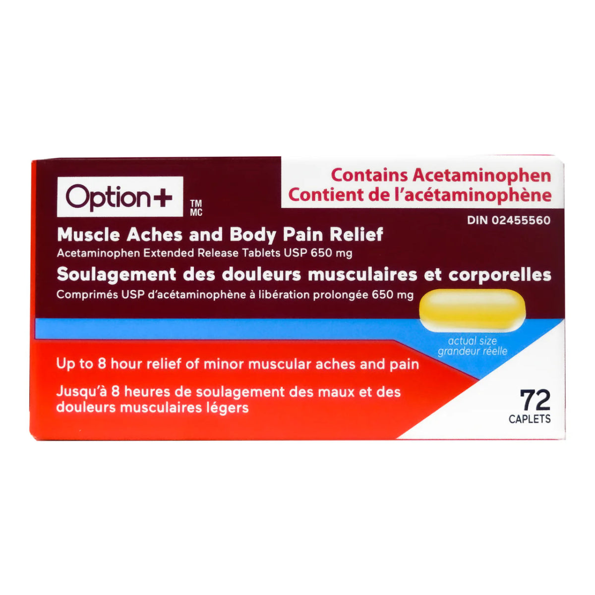 Box of Option+ muscle aches and body pain relief tablets with red and white design. - Okotoks HC Pharmacy