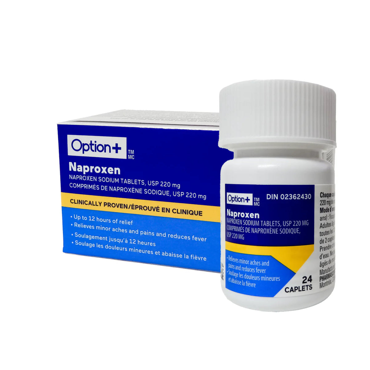 Bottle and box of Option+ Naproxen on a white background - Okotoks HC Pharmacy