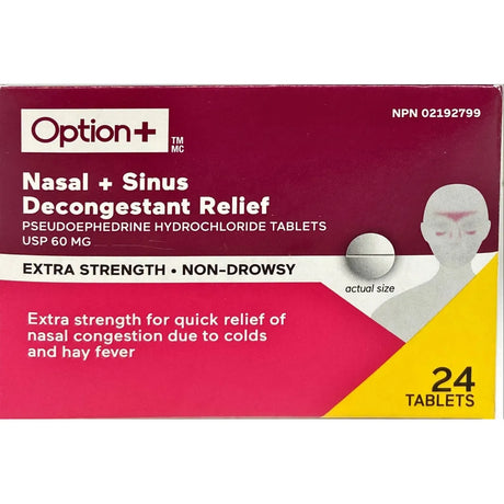 Option+ Nasal + Sinus Decongestant Relief 60MG 24 Tabs - Okotoks HC Pharmacy