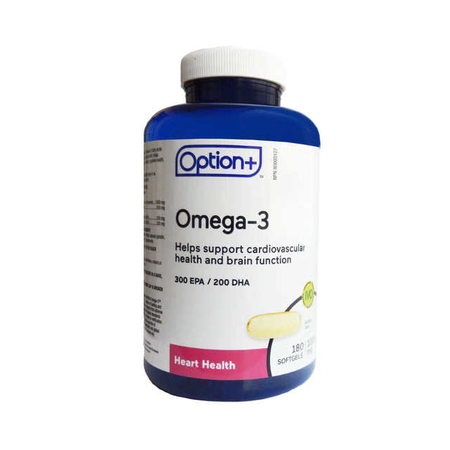 Omega-3 supplement bottle with Option+ label on a white background - okotoks hc pharmacy