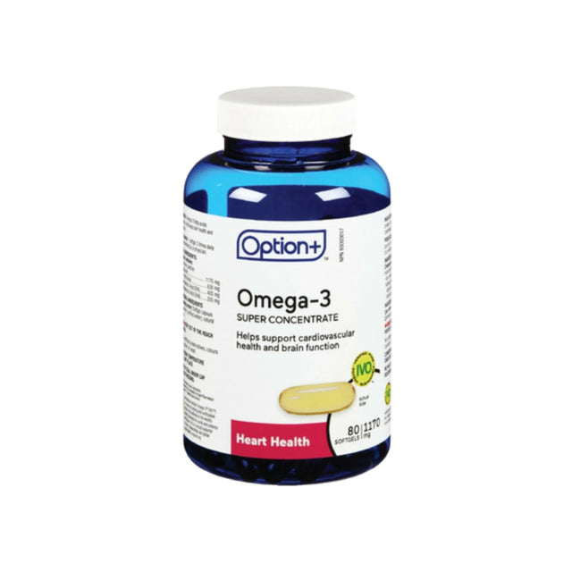 Omega-3 supplement bottle with blue cap and white label on a white background. - okotoks hc pharmacy