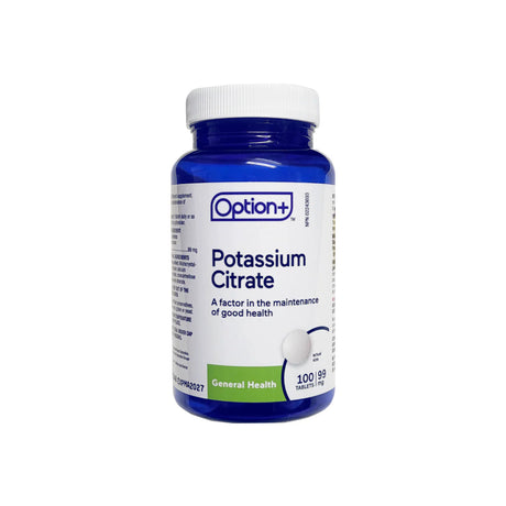 Bottle of Option+ Potassium Citrate supplement on a white background - okotoks hc pharmacy