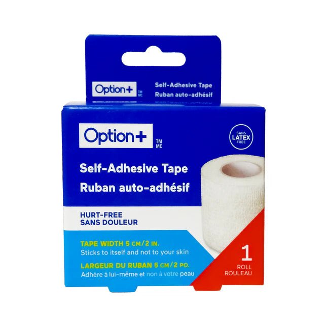 Option+ self-adhesive tape packaging on a white background - okotoks hc pharmacy
