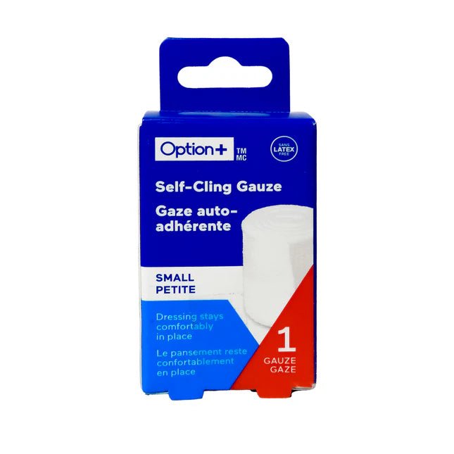 Box of Option+ self-cling gauze on a white background - okotoks hc pharmacy