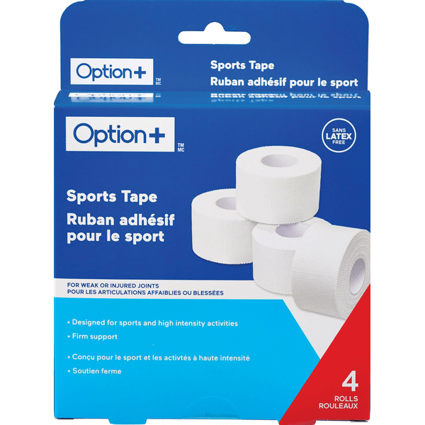 Box of Option+ sports tape with four rolls on a white background - okotoks hc pharmacy