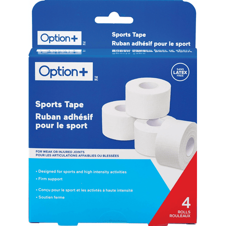 Box of Option+ sports tape with four rolls on a white background - okotoks hc pharmacy
