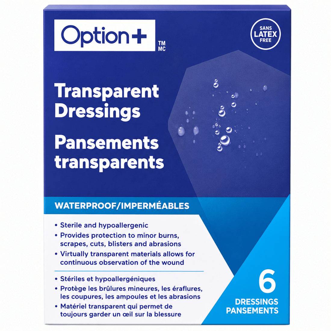 Box of Option+ transparent dressings with blue and white design - okotoks hc pharmacy