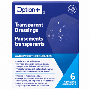 Box of Option+ transparent dressings with blue and white design - okotoks hc pharmacy