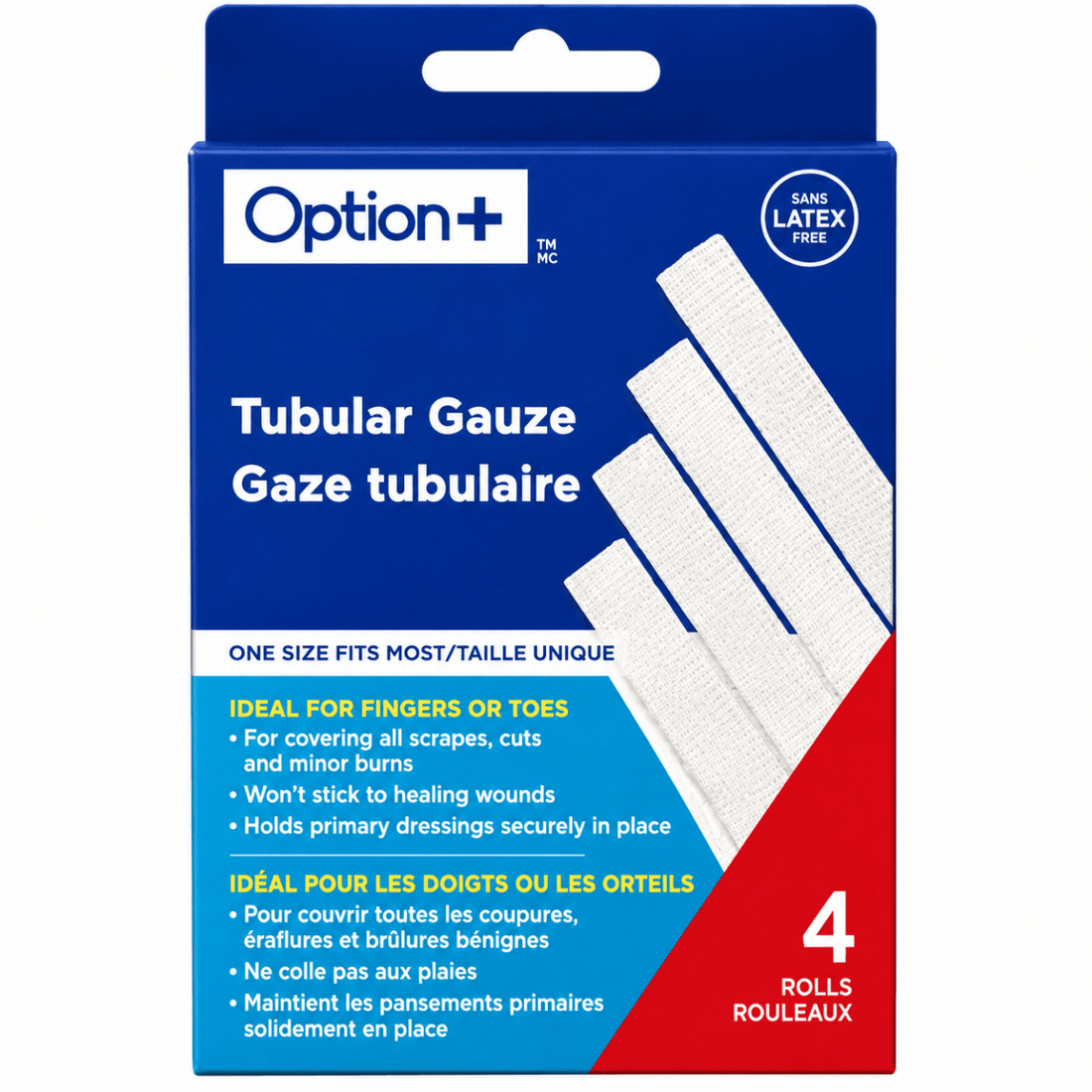 Box of Option tubular gauze with blue and red design - okotoks hc pharmacy