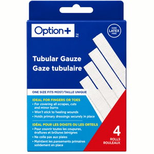 Box of Option tubular gauze with blue and red design - okotoks hc pharmacy