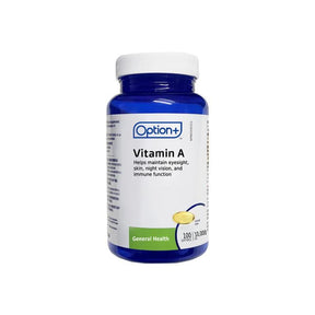 Vitamin A supplement bottle with Option+ label on a white background - okotoks hc pharmacy