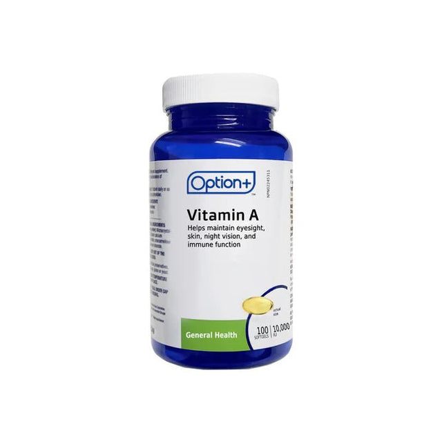 Vitamin A supplement bottle with Option+ label on a white background - okotoks hc pharmacy