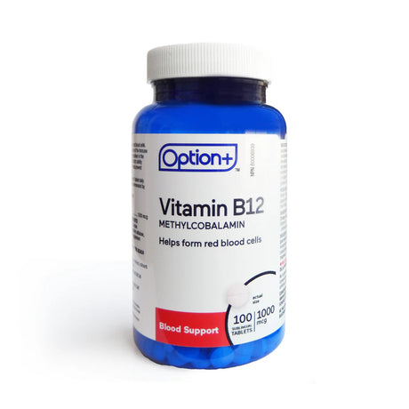 Bottle of Option+ Vitamin B12 supplement on a white background - okotoks hc pharmacy