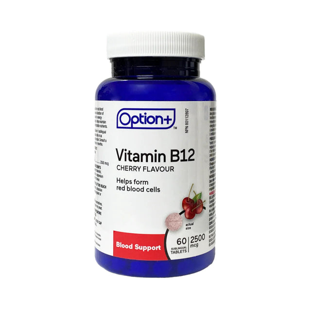 Bottle of Option+ Vitamin B12 Cherry Flavour supplement on a white background - okotoks hc pharmacy
