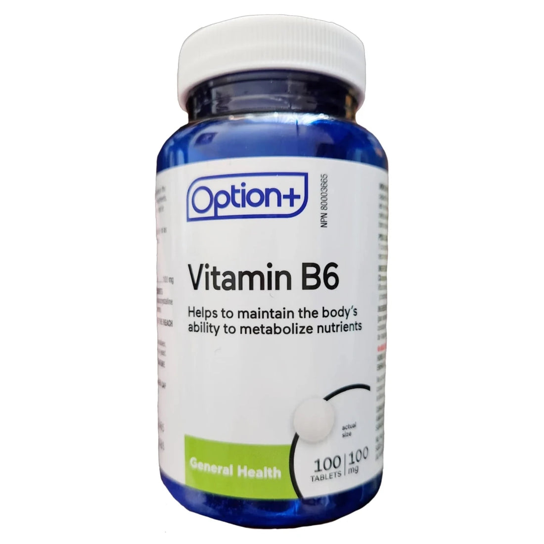 Bottle of Option+ Vitamin B6 supplements on a white background - okotoks hc pharmacy