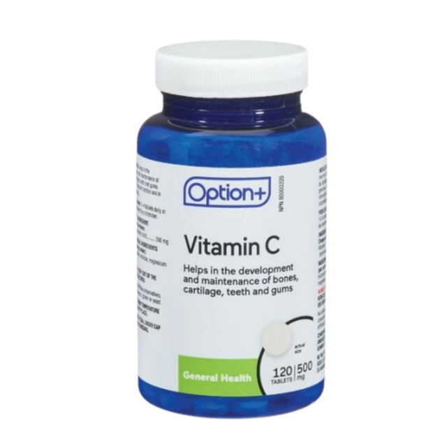 Vitamin C supplement bottle with Option+ branding on a white background - okotoks hc pharmacy