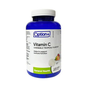 Bottle of Option+ Vitamin C chewable tablets on a white background - okotoks hc pharmacy