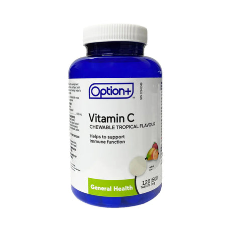 Bottle of Option+ Vitamin C chewable tablets on a white background - okotoks hc pharmacy