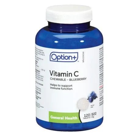 Vitamin C chewable supplement bottle with blue and white label on a white background - okotoks hc pharmacy