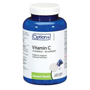 Vitamin C chewable supplement bottle with blue and white label on a white background - okotoks hc pharmacy