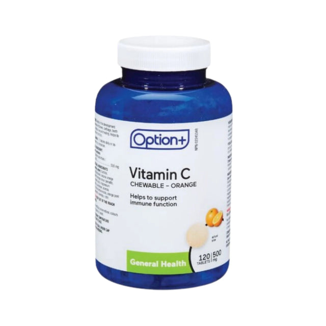 Vitamin C chewable supplement bottle with blue and white label on a white background - okotoks hc pharmacy