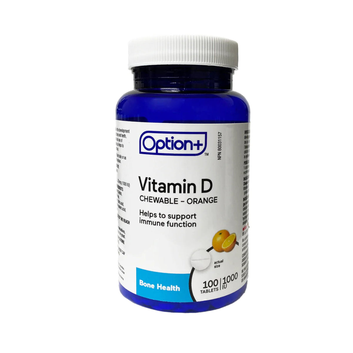 Bottle of Option+ Vitamin D chewable tablets on a white background - okotoks hc pharmacy