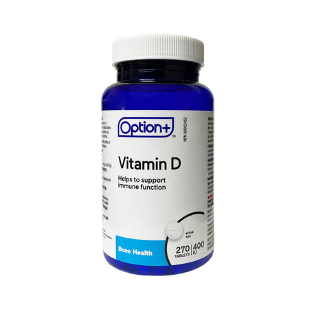 Bottle of Option+ Vitamin D supplement on a white background - okotoks hc pharmacy