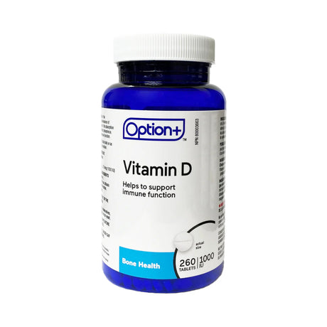 Bottle of Option+ Vitamin D supplements on a white background - okotoks hc pharmacy