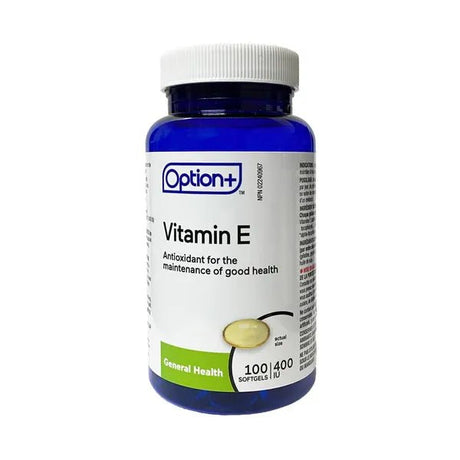 Bottle of Option+ Vitamin E supplements on a white background - okotoks hc pharmacy