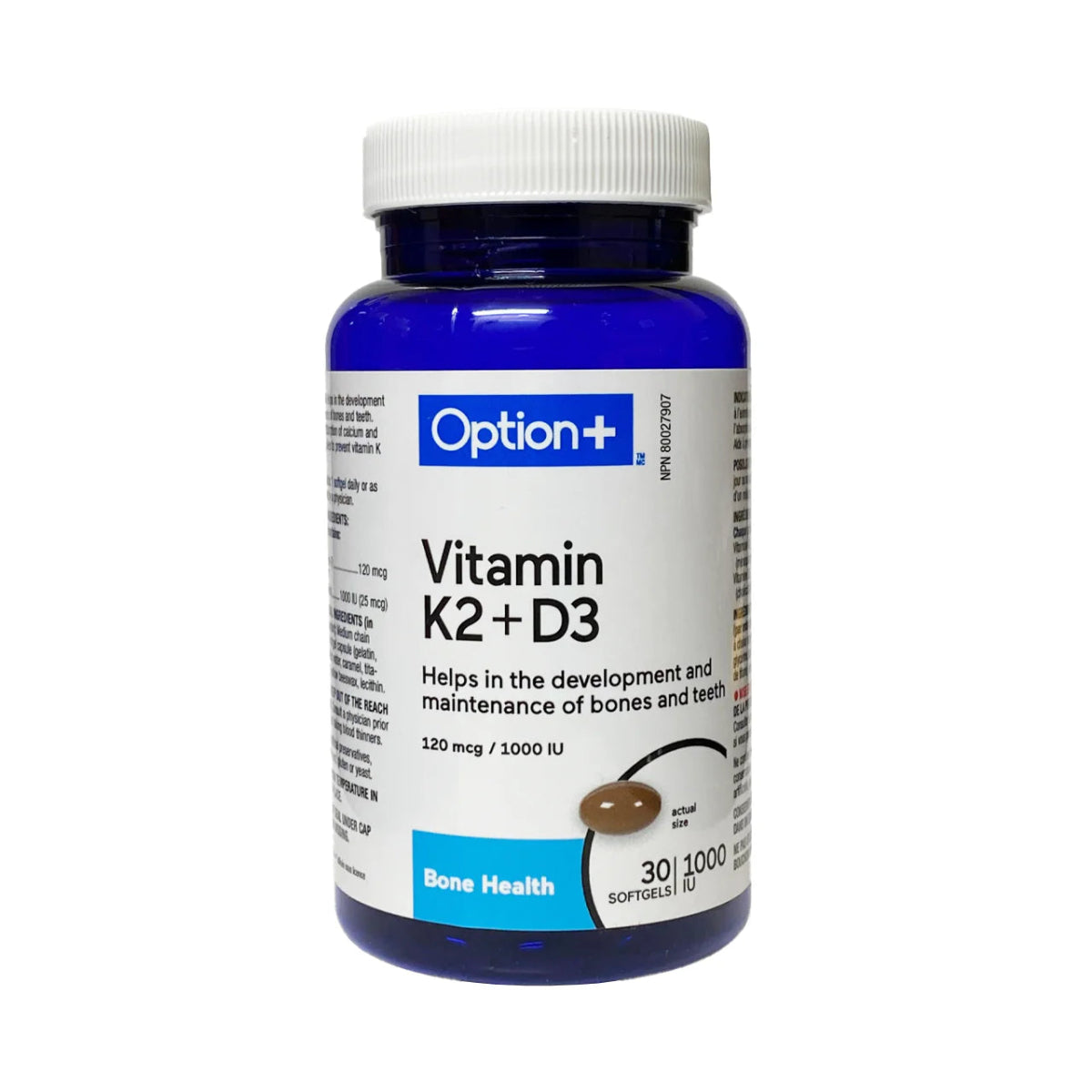 Bottle of Option+ Vitamin K2 + D3 supplement on a white background - okotoks hc pharmacy
